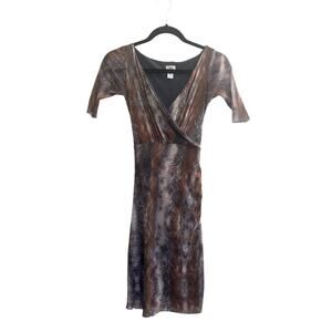 Vintage Cache Dress XS Snake Print Faux Wrap Ruched 90s Mob Wife Mesh #5237